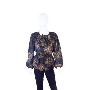 MISS TINA BLACK AND BROWN ANIMAL PRINT RUFFLE FRONT LONG SLEEVE BLOUSE - SZ 8/10